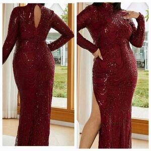 Burgundy Stand Collar Sequined Slit Long Sleeve Maxi Gown